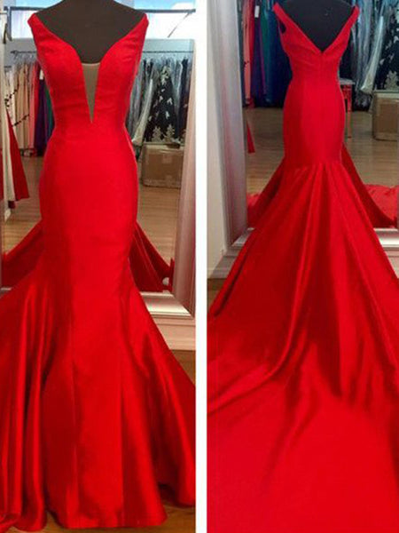 Trumpet/Mermaid V-neck Sweep/Brush Train Satin Prom Formal Evening Dress