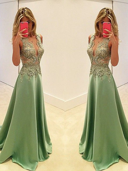 A-Line/Princess V-neck Sweep/Brush Train Satin Prom Formal Evening Dress with Applique