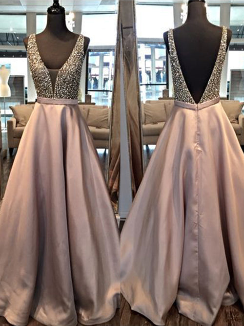 A-Line/Princess V-neck Floor Length Satin Prom Formal Evening Dress with Beading