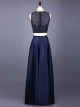 A-Line/Princess Scoop Floor Length Chiffon Two Piece Prom Evening Dress with Beading