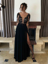 A-Line/Princess Sheer Neck Floor Length Chiffon Prom Formal Evening Dress with Lace
