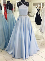 A-Line/Princess Halter Floor Length Satin Prom Formal Evening Dress