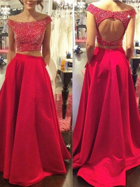 A-Line/Princess Bateau Sweep/Brush Train Satin Prom Formal Evening Dress with Beading