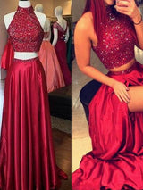 A-Line/Princess High Neck Floor Length Taffeta Prom Formal Evening Dress with Sequin