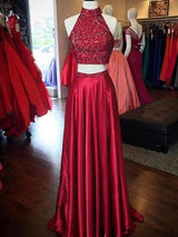 A-Line/Princess High Neck Floor Length Taffeta Prom Formal Evening Dress with Sequin