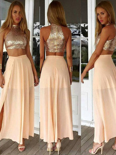 A-Line/Princess High Neck Ankle-Length Chiffon Two Piece Dress with Sequin