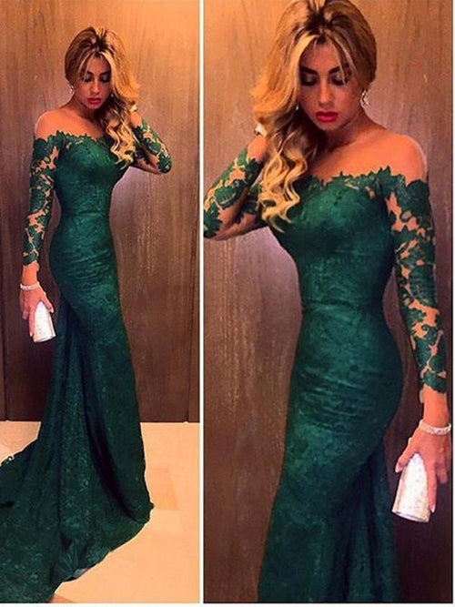 Trumpet/Mermaid Off-the-shoulder Sweep/Brush Train Lace Prom Dress with Lace
