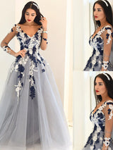 A-Line/Princess V-Neck Floor Length Tulle Prom Formal Evening Dress with Applique