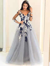 A-Line/Princess V-Neck Floor Length Tulle Prom Formal Evening Dress with Applique