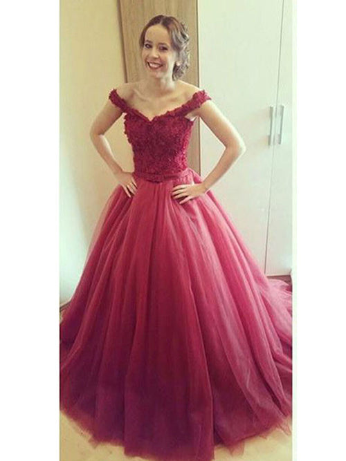Ball Gown Off-the-shoulder Floor Length Tulle Prom Formal Evening Dress with Applique