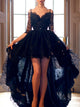 A-Line/Princess Spaghetti Straps Asymmetrical Lace Prom Formal Evening Dress with Lace