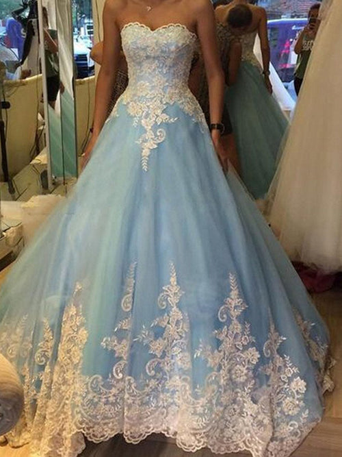 Ball Gown Sweetheart Floor Length Tulle Prom Formal Evening Dress with Applique