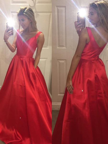 A-Line/Princess V-Neck Sweep/Brush Train Satin Prom Formal Evening Dress