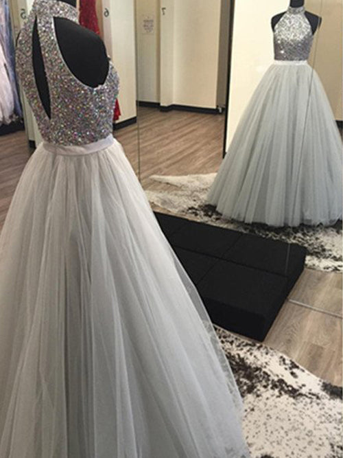 A-Line/Princess Halter Floor Length Tulle Prom Formal Evening Dress with Beading
