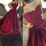 A-Line/Princess Sweetheart Floor Length Satin Prom Formal Evening Dress with Lace