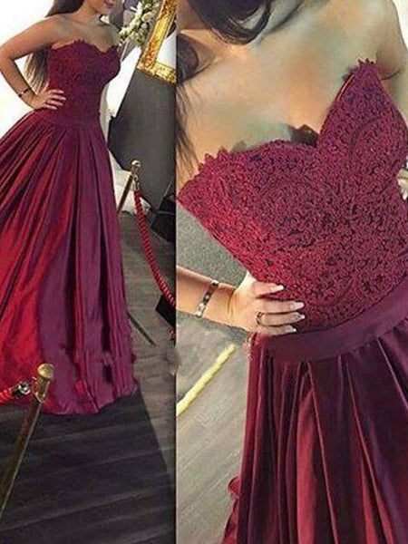A-Line/Princess Sweetheart Floor Length Satin Prom Formal Evening Dress with Lace