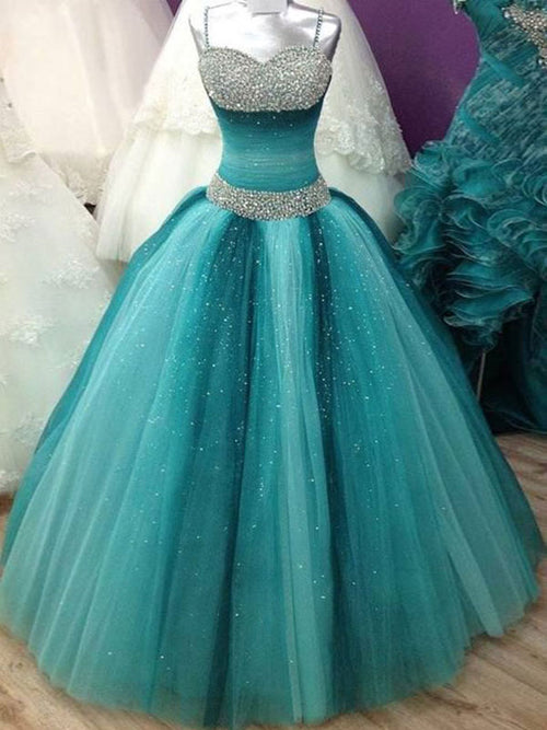 Ball Gown Spaghetti Straps Floor Length Tulle Prom Formal Evening Dress with Beading