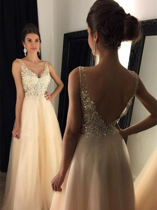 A-Line/Princess V-Neck Sweep/Brush Train Tulle Prom Formal Evening Dress