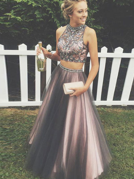 A-Line/Princess Scoop Floor Length Tulle Two Piece Prom Formal Evening Dress with Beading