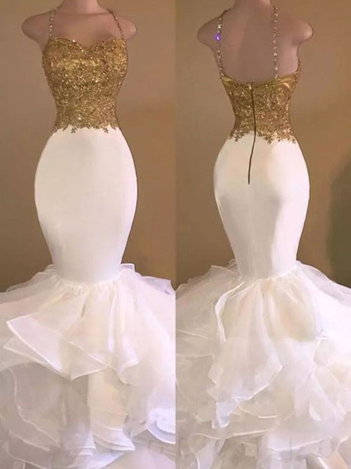 Trumpet/Mermaid Spaghetti Straps Floor Length Organza Prom Evening Dress with Applique