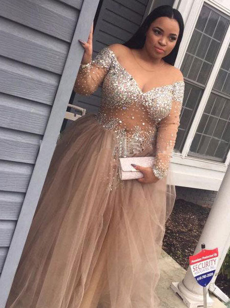 Ball Gown Off-the-Shoulder Floor Length Tulle Plus Size Prom Formal Evening Dress with Sequin
