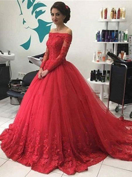 Ball Gown Off-the-shoulder Sweep/Brush Train Tulle Prom Formal Evening Dress with Lace