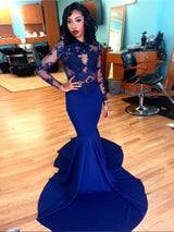 Trumpet/Mermaid Scoop Sweep/Brush Train Satin Prom Formal Evening Dress with Lace