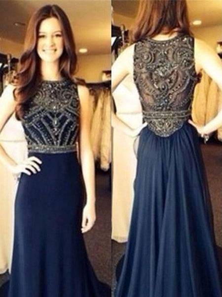 A-Line/Princecss Chiffon Scoop Court Train Prom Formal Dress with Beading