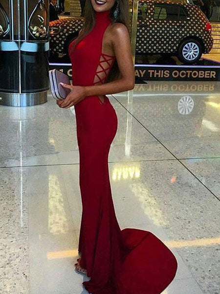 Trumpet/Mermaid High Neck Sweep/Brush Train Satin Prom Formal Evening Dress