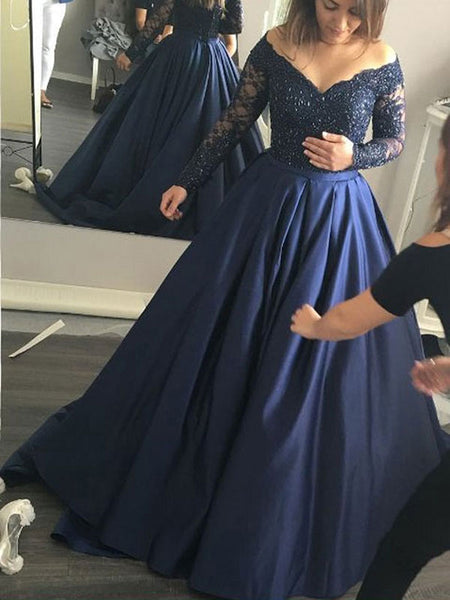 Ball Gown Off-the-shoulder Sweep/Brush Train Satin Prom Evening Dress with Beading