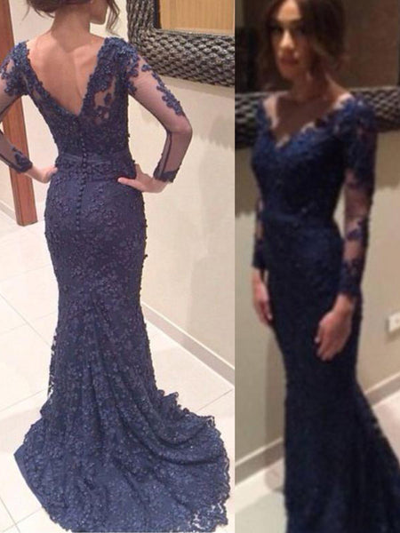 Trumpet/Mermaid V-neck Sweep/Brush Train Lace Prom Formal Evening Dress with Applique