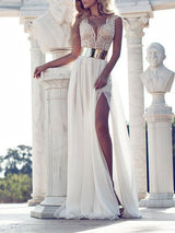 Sheath/Column V-neck Floor Length Chiffon Prom Formal Evening Dress with Lace