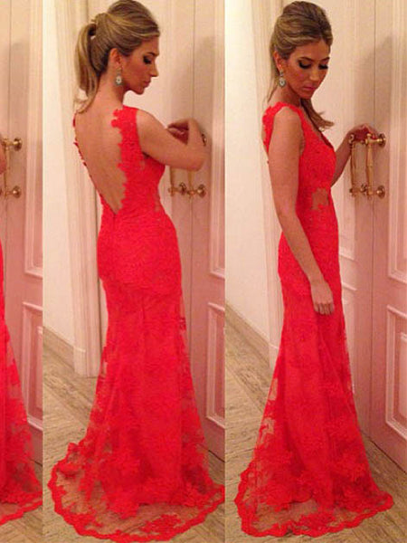 Trumpet/Mermaid V-neck Floor Length Lace Prom Formal Evening Dress with Applique