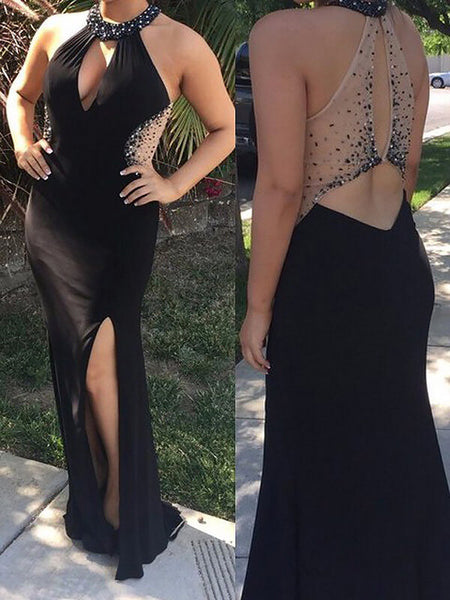 Sheath/Column Scoop Floor Length Sleeveless Jersey Plus Size Prom Dress with Beading