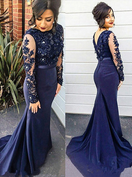 Trumpet/Mermaid Scoop Sweep/Brush Train Long Sleeves Satin Plus Size Prom Dress with Lace