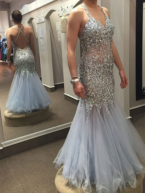Trumpet/Mermaid V-Neck Floor Length Sleeveless Tulle Plus Size Prom Evening Dress with Sequin