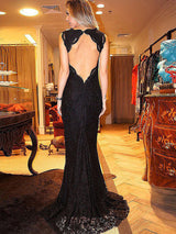 Sheath/Column V-neck Sweep/Brush Train Sleeveless Plus Size Prom Evening Dress with Lace