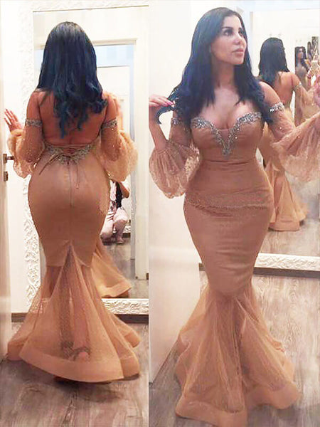 Trumpet/Mermaid Off-the-Shoulder Floor Length 3/4 Sleeves Satin Plus Size Dress with Beading