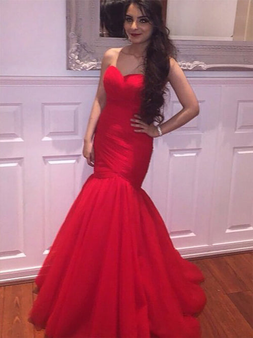 Trumpet/Mermaid Sweetheart Floor Length Sleeveless Tulle Plus Size Prom Dress with Ruffles