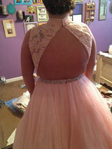 Ball Gown High Neck Floor Length Sleeveless Tulle Plus Size Prom Evening Dress with Applique
