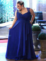 A-Line/Princess V-neck Sweep/Brush Train Sleeveless Chiffon Plus Size Prom Dress with Lace