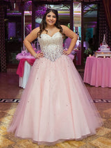 Ball Gown Sweetheart Floor Length Sleeveless Tulle Plus Size Prom Evening Dress with Beading