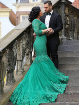 Trumpet/Mermaid V-neck Sweep/Brush Train 3/4 Sleeves Tulle Plus Size Prom Dress with Applique