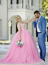 Ball Gown Sweetheart Sweep/Brush Train Sleeveless Tulle Plus Size Prom Dress with Pearls