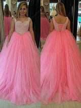 Ball Gown Sweetheart Sweep/Brush Train Sleeveless Tulle Plus Size Prom Dress with Pearls