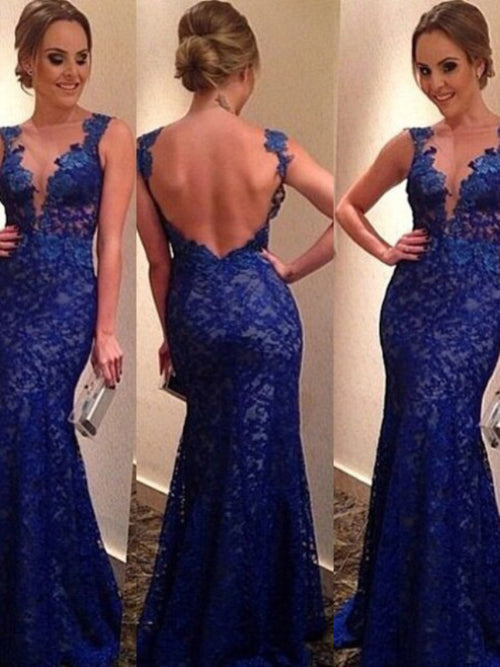 Trumpet/Mermaid V-neck Floor Length Lace Sleeveless Prom Formal Evening Dress with Applique