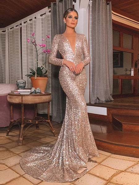 Trumpet/Mermaid V-Neck Long Sleeves Sweep/Brush Train Ruffles Backless Formal Dress with Sequins