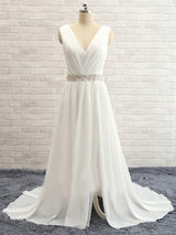 A-Line/Princess V-neck Sweep/Brush Train Chiffon Sleeveless Wedding Dress with Beading