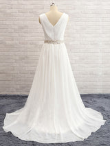 A-Line/Princess V-neck Sweep/Brush Train Chiffon Sleeveless Wedding Dress with Beading