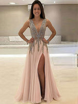 A-Line/Princess V-neck Floor Length Tulle Sleeveless Prom Formal Evening Dress with Beading